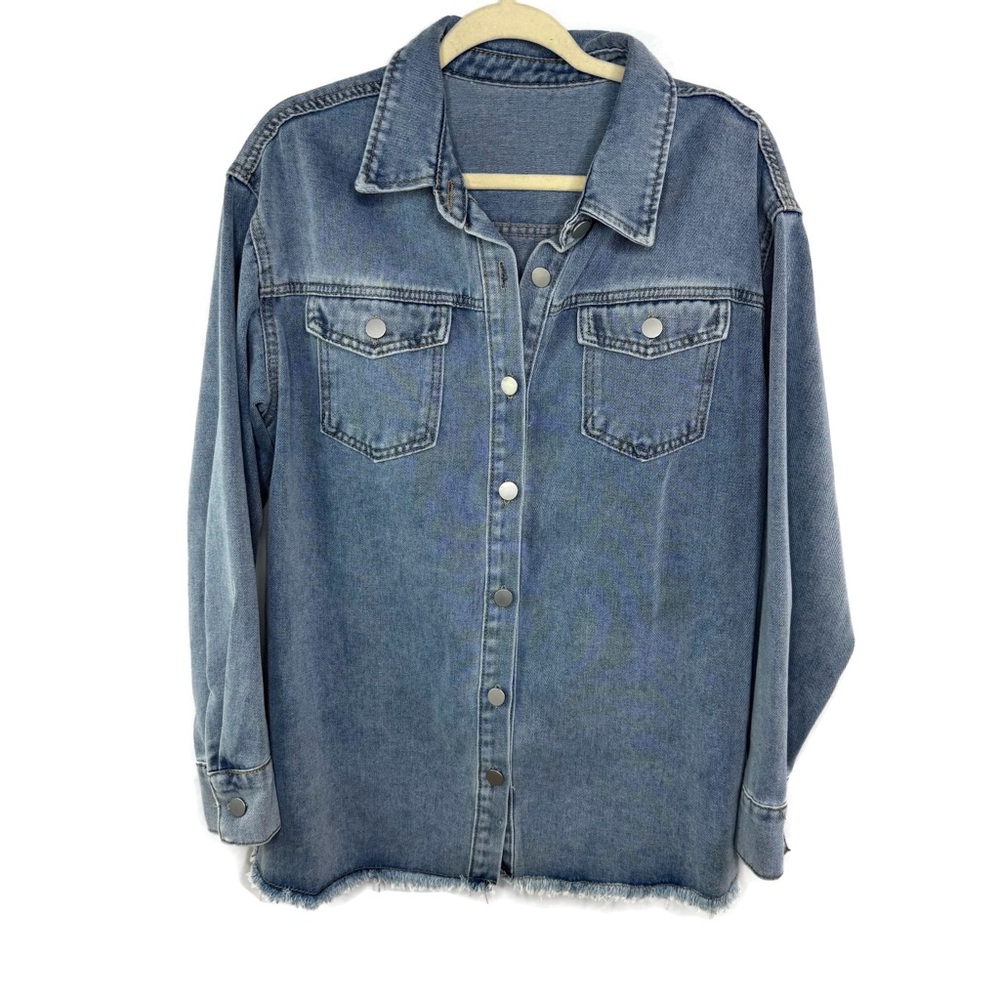 Bohemian Classic Blue Denim Jean Jacket Shirt Jacket Raw Hem